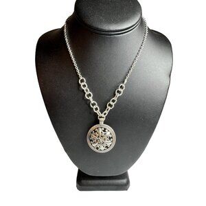 C est 1946 Medallion Necklace 31.5 in Silver Tone Chunky Lobster Claw Closure